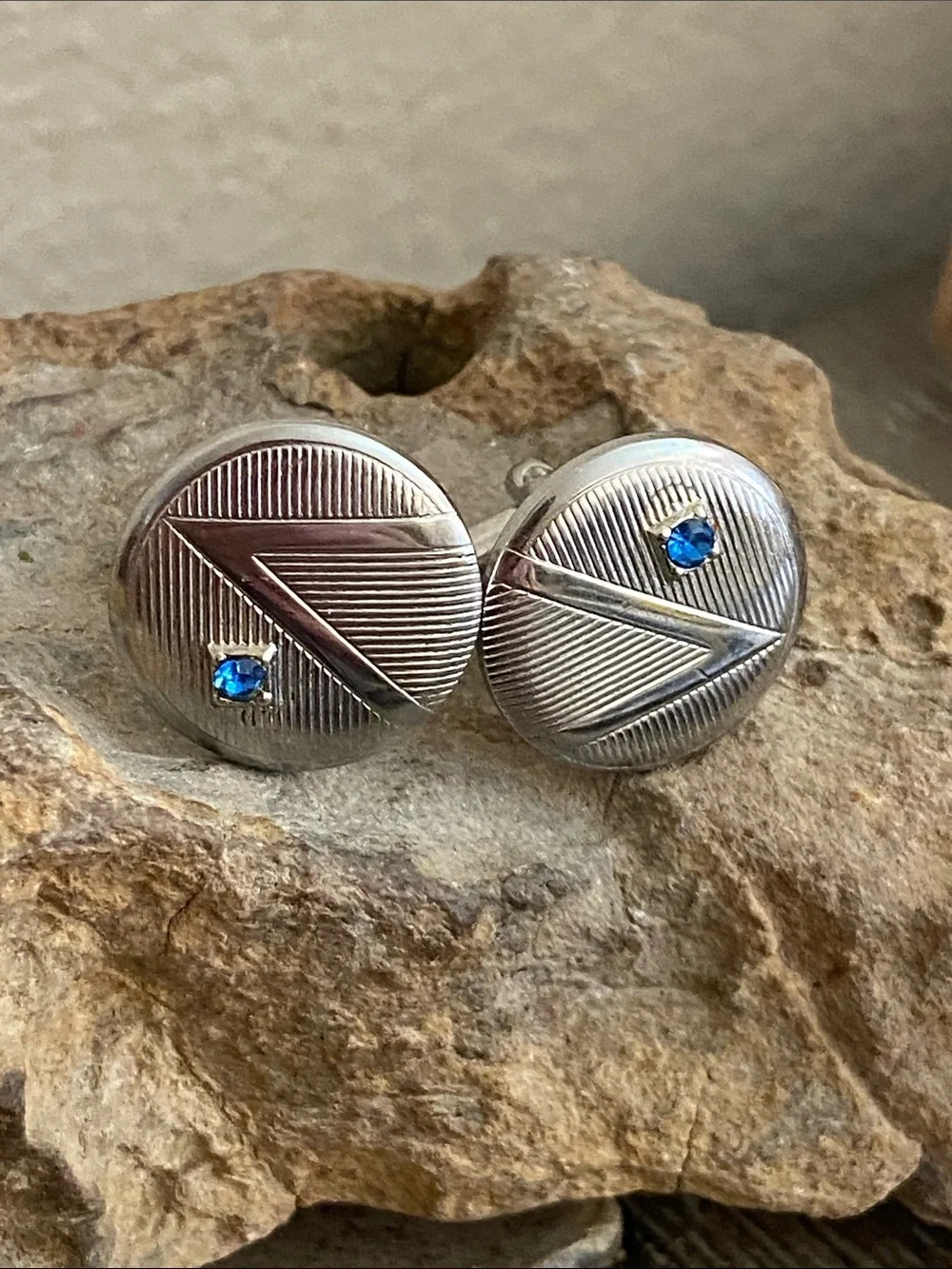 Vintage Silver Tone Round Cufflinks with Blue  Crystals